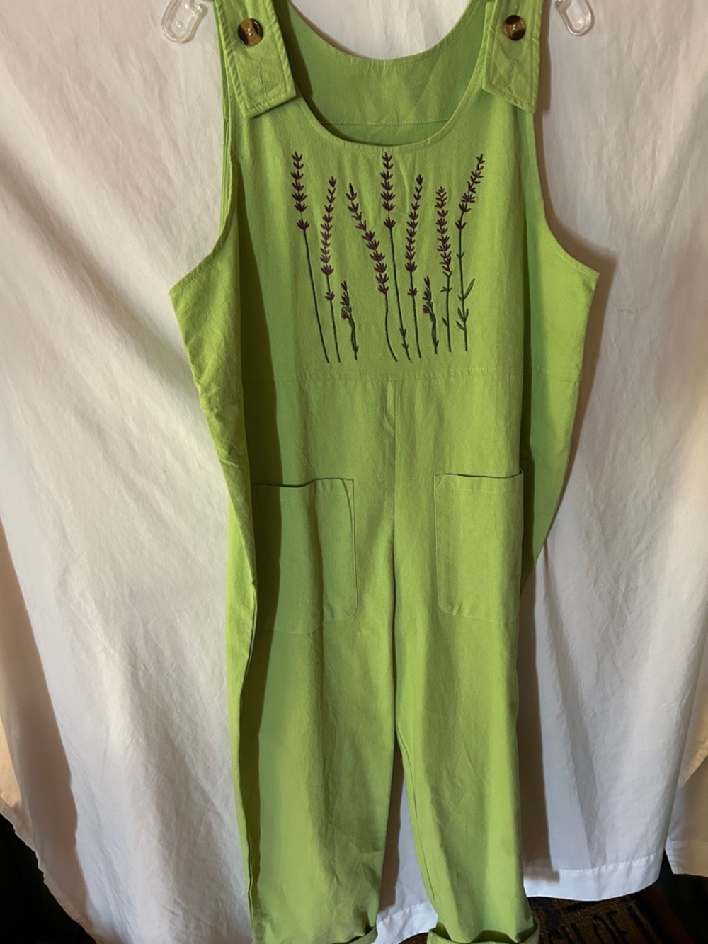 Lime Green Women's Linen Blend Overalls with Embroidered Florals 100% cotton